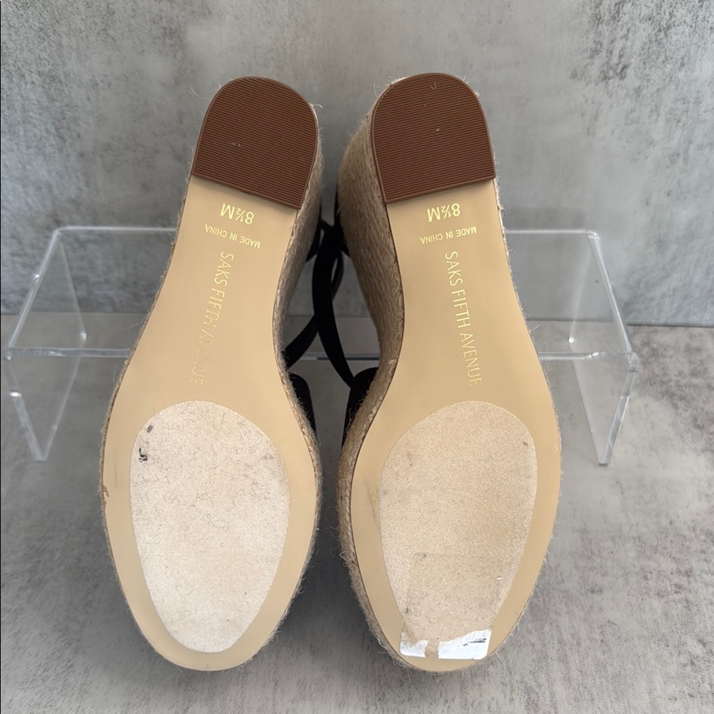 Saks Fifth Avenue Black Suede Wedge Sandals with espadrile Platform - Picture 6 of 7